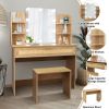 Vanity Desk Set & Dressing Table with LED Lighting Mirror Drawer and Compartments Modern Wood Cosmetic Table Chest of Drawers Nature Color